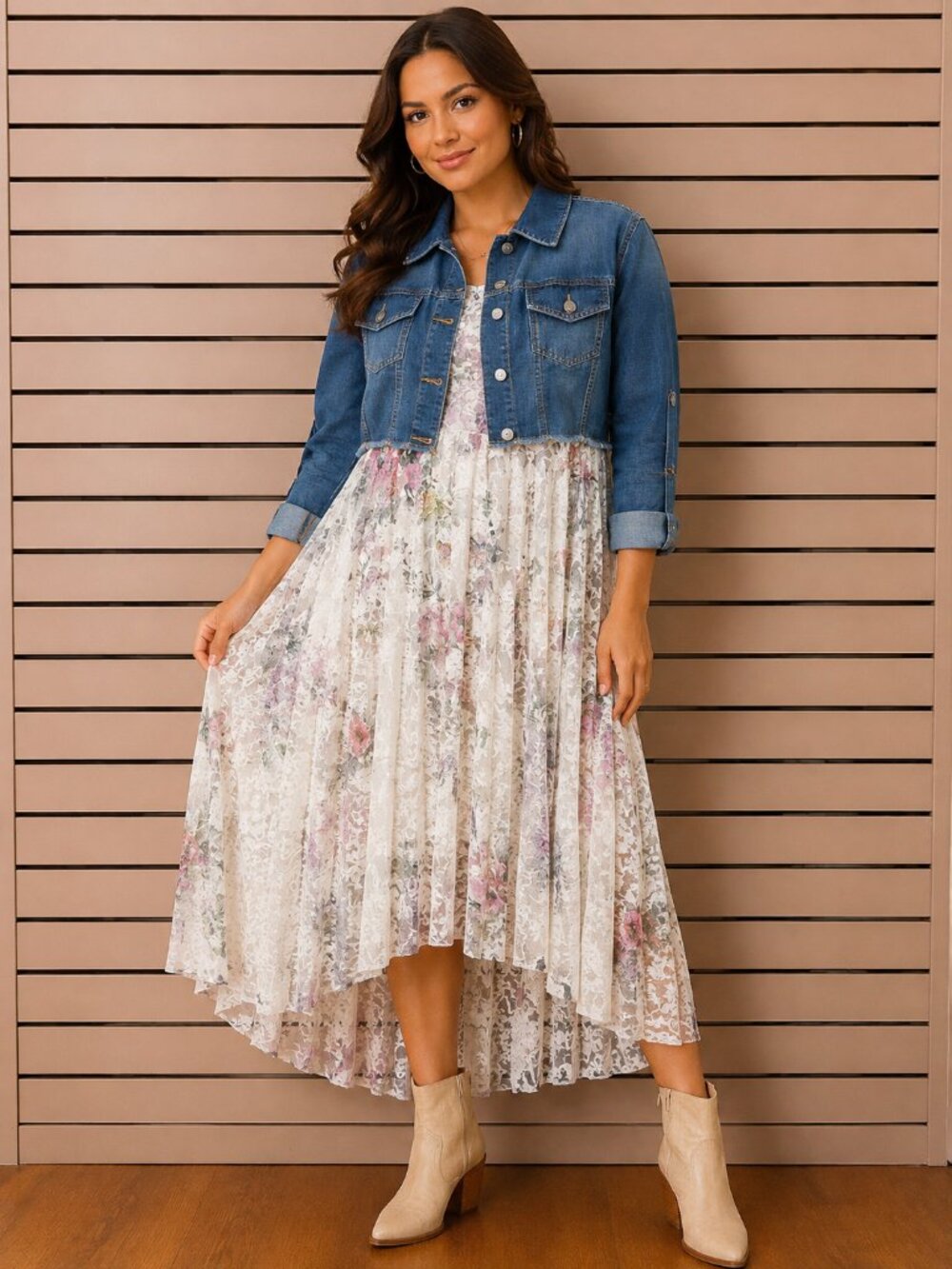 Origami Denim Lace Layer Jacket Floral